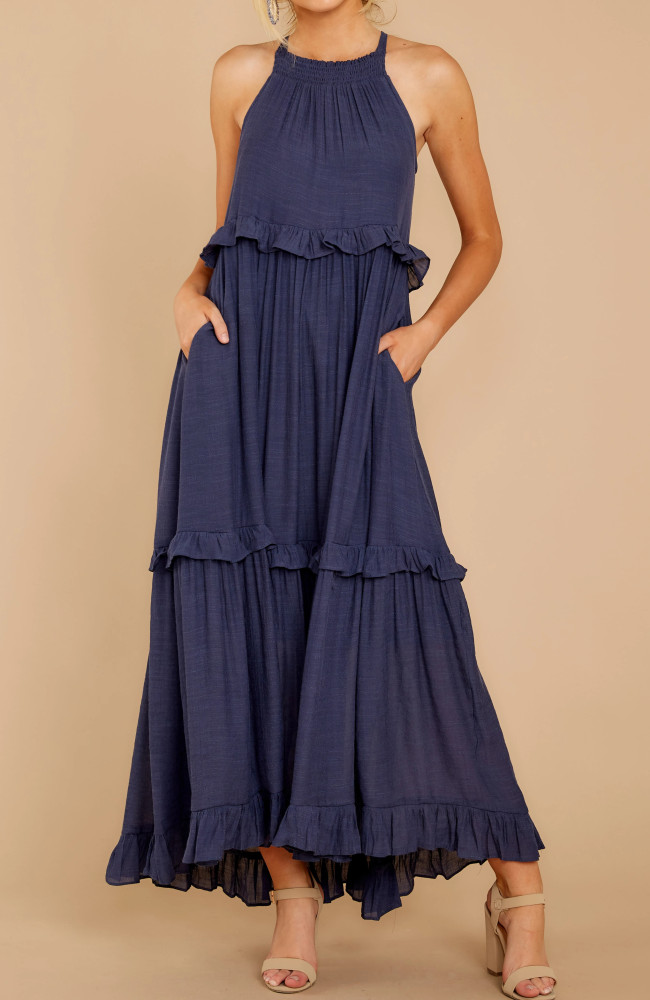 R.Vivimos Womens Summer Dress Cotton Sleeveless Halter Layered Ruffles Casual Boho Flowy Maxi Dress