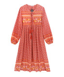 R.Vivimos Women's Long Sleeve Floral Print Retro V Neck Tassel Bohemian Midi Dresses