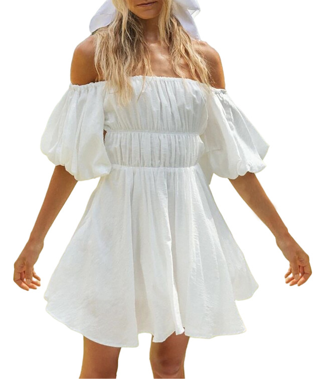 R.Vivimos Summer Dress for Women Short Puff Sleeve Boho Off The Shoulder Casual Smocked Swing Mini Dress