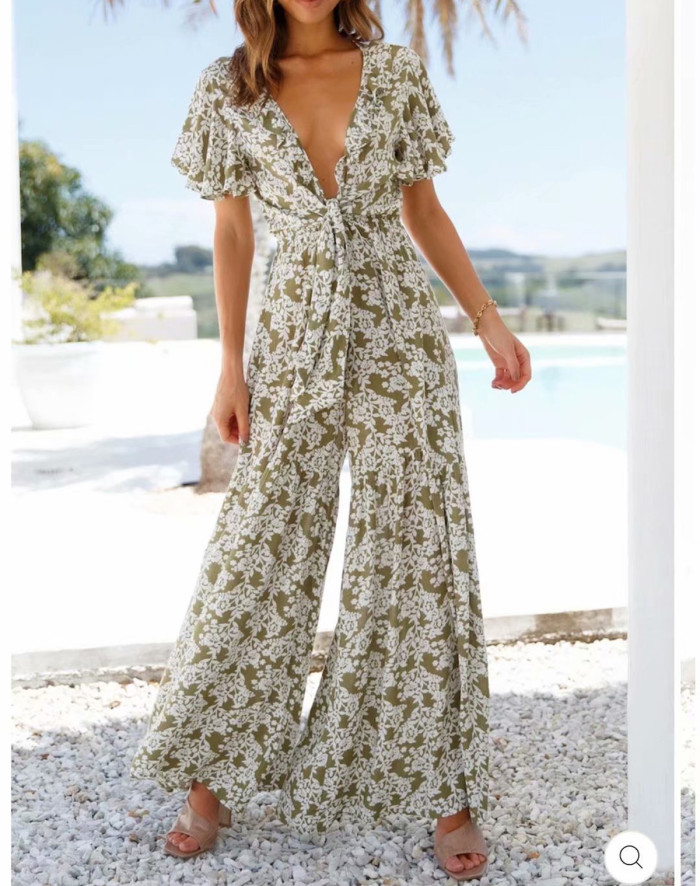 R.Vivimos Women's Summer Cotton Deep V-Neck Short Sleeves Ruffles Floral Print Boho Pant Jumpsuit Romper