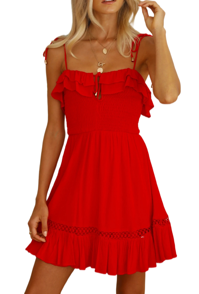 R.Vivimos Womens Summer Spaghetti Straps Tie V Neck Sexy Backless Smocked Layered Ruffle Swing Mini Dress