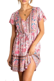 R.Vivimos Women's Summer Cotton Short Sleeves V-Neck Button Up Floral Print Boho Swing Mini Dress