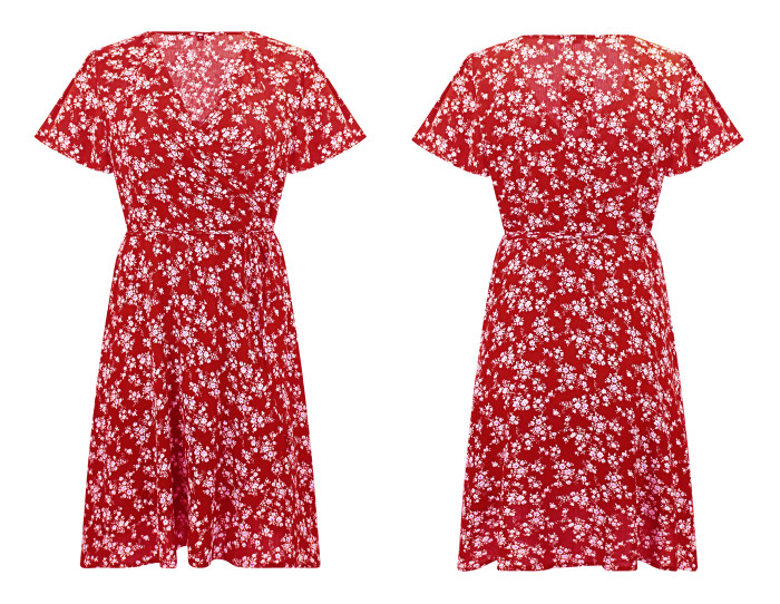 R.Vivimos Women Summer Cotton Short Sleeves V Neck Casual Wrap Mini Dresses