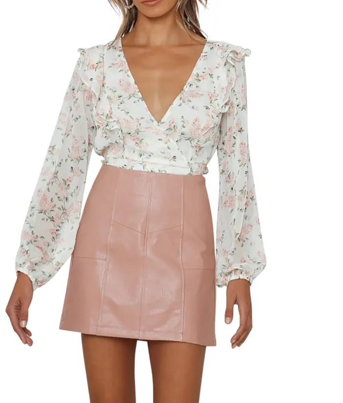 R.Vivimos Women's Chiffon Long Sleeves Floral Print Ruffled Boho V-Neck Wrap Crop Blouses Tops