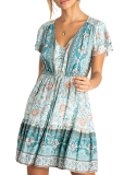R.Vivimos Women's Summer Cotton Short Sleeves V-Neck Button Up Floral Print Boho Swing Mini Dress