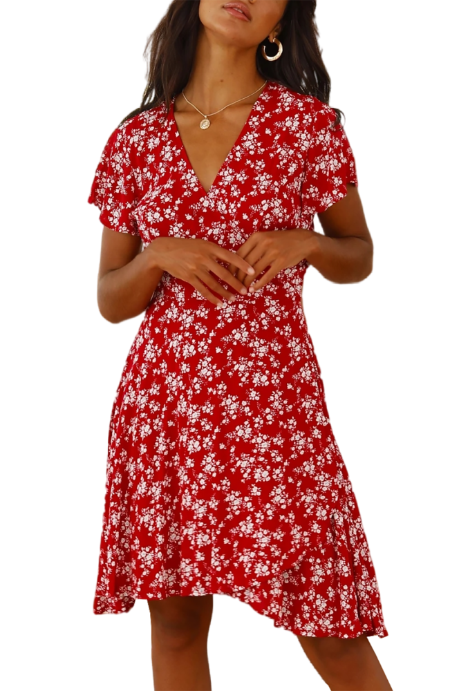 R.Vivimos Women Summer Cotton Short Sleeves V Neck Casual Wrap Mini Dresses