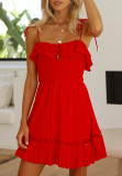R.Vivimos Womens Summer Spaghetti Straps Tie V Neck Sexy Backless Smocked Layered Ruffle Swing Mini Dress