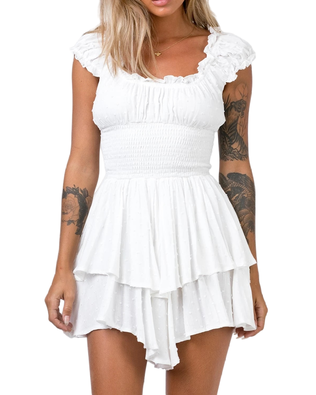 R.Vivimos Women's Summer Cotton Puff Sleeves Layered Ruffles Casual Boho Swing Mini Dresses
