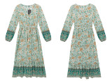 R.Vivimos Women's Fall Cotton Long Sleeve V-Neck Button Up Tie Waist Floral Print Boho Midi Dress