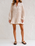 R.Vivimos Womens Fall Winter Cotton Puff Long Sleeve Ruched Casual Button-Down Swing Shirt Mini Dress
