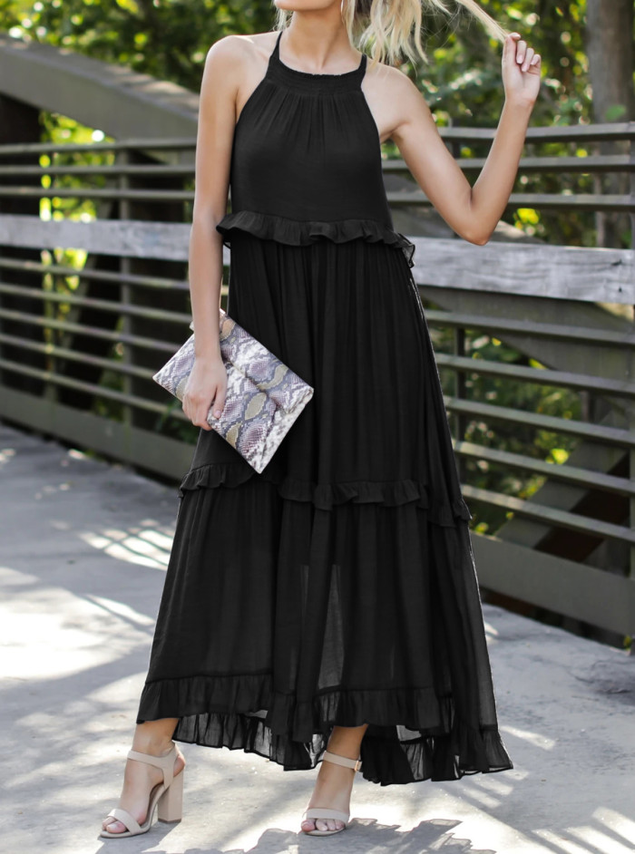 R.Vivimos Womens Summer Dress Cotton Sleeveless Halter Layered Ruffles Casual Boho Flowy Maxi Dress