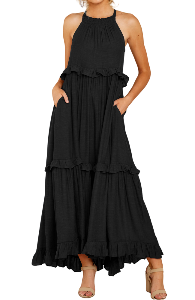 R.Vivimos Womens Summer Dress Cotton Sleeveless Halter Layered Ruffles Casual Boho Flowy Maxi Dress