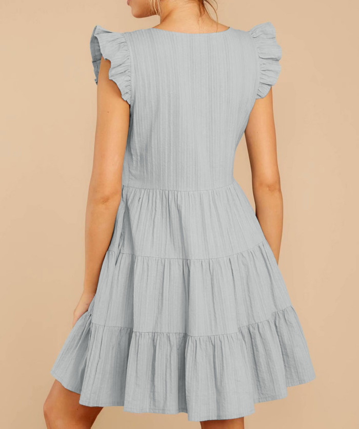 R.Vivimos Women's Summer Short Sleeve Cotton V Neck Buttons Ruffled Swing Mini Dress