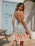 R.Vivimos Womens Summer Halter Deep V Neck Sexy Patchwork Mini Short Dresses