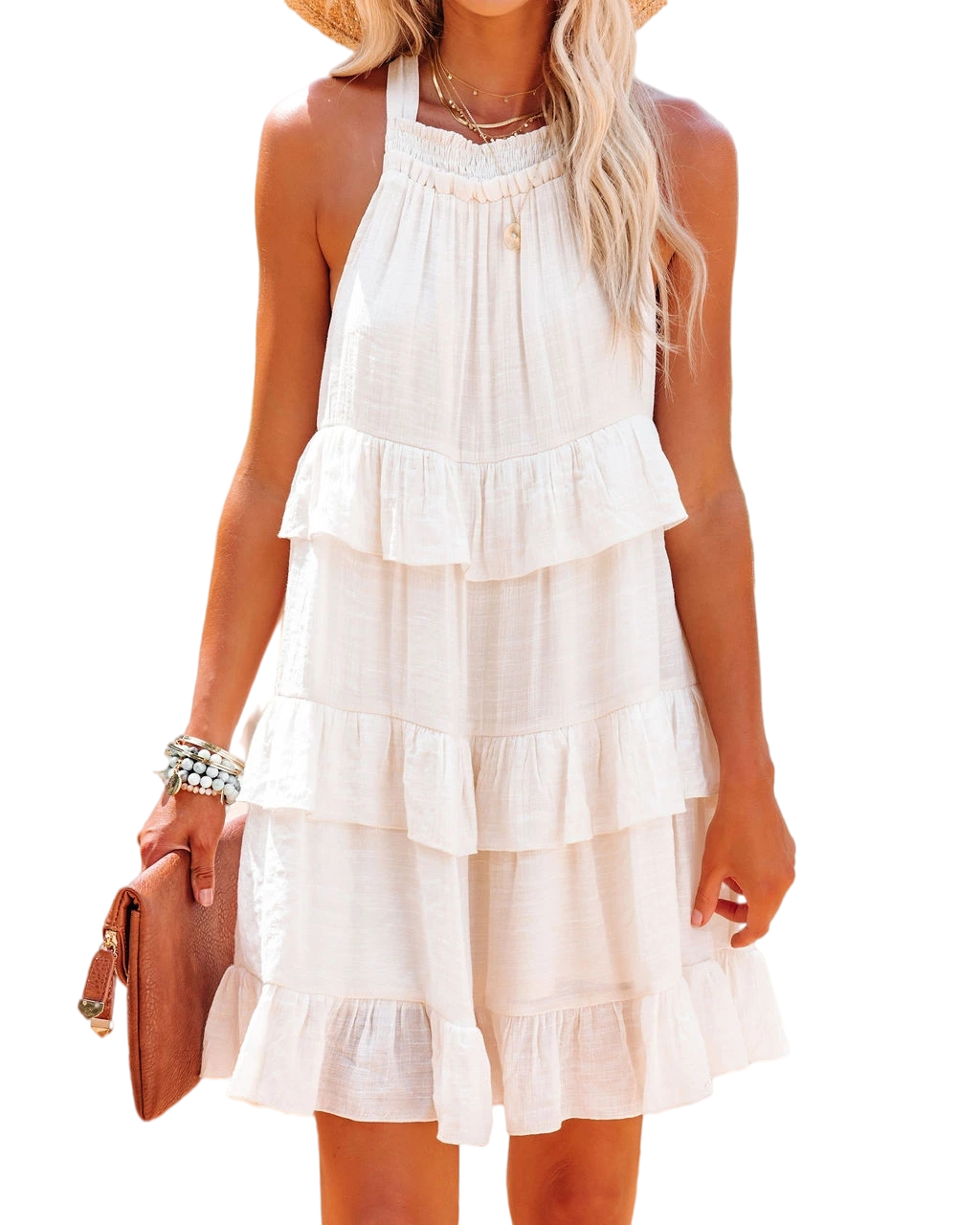 R.Vivimos Women's Summer Dress Boho Sleeveless Halter Layered Ruffle Casual  Swing Mini Dress with Pockets