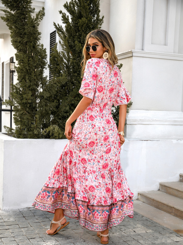 R.Vivimos Womens Summer Cotton Short Sleeve V Neck Floral Print Casual Bohemian Long Dresses