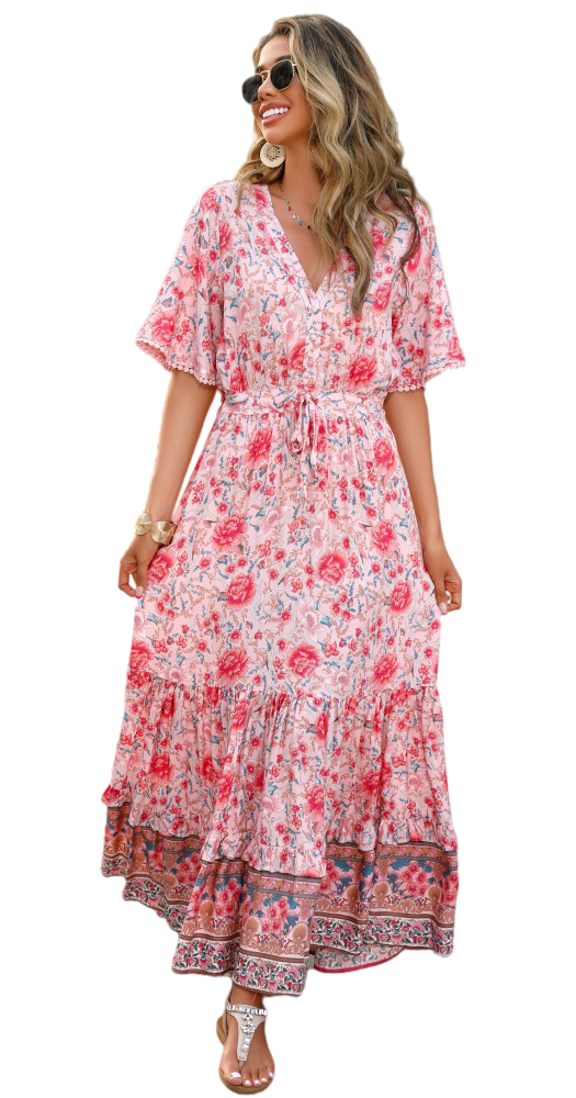 R.Vivimos Womens Summer Cotton Short Sleeve V Neck Floral Print Casual Bohemian Long Dresses