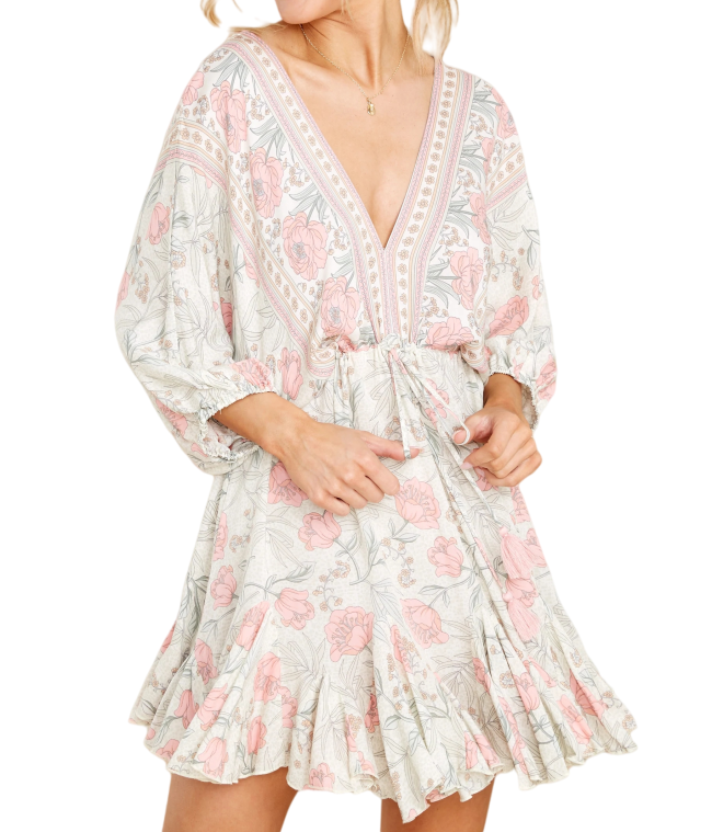 R.Vivimos Womens Summer Floral Dress 3/4 Sleeve Deep V Neck Boho Drawstring Backless Swing Mini Dress
