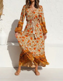 R.Vivimos Women's Fall Cotton Long Sleeve V-Neck Button Up Tie Waist Floral Print Boho Midi Dress