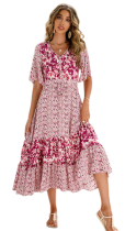 R.Vivimos Women's Short Sleeve V Neck Cotton Beach Floral Buttons Midi Dresses