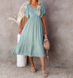 R.Vivimos Womens Summer Smocked Short Sleeve V Neck Casual Ruffle Patchwork Flowy Midi Dress