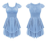 R.Vivimos Women's Summer Cotton Puff Sleeves Layered Ruffles Casual Boho Swing Mini Dresses