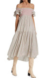 R.Vivimos Floral Dress for Women Summer Short Sleeve Boho Off-Shoulder Smocked Ruffle Casual Flowy Midi Dress