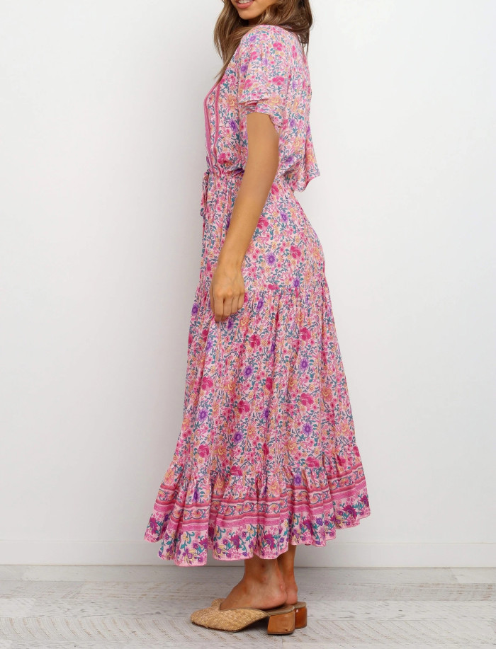 R.Vivimos Womens Summer Floral Print Cotton Short Sleeve Flowy Dress
