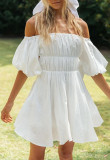 R.Vivimos Summer Dress for Women Short Puff Sleeve Boho Off The Shoulder Casual Smocked Swing Mini Dress