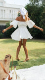 R.Vivimos Summer Dress for Women Short Puff Sleeve Boho Off The Shoulder Casual Smocked Swing Mini Dress