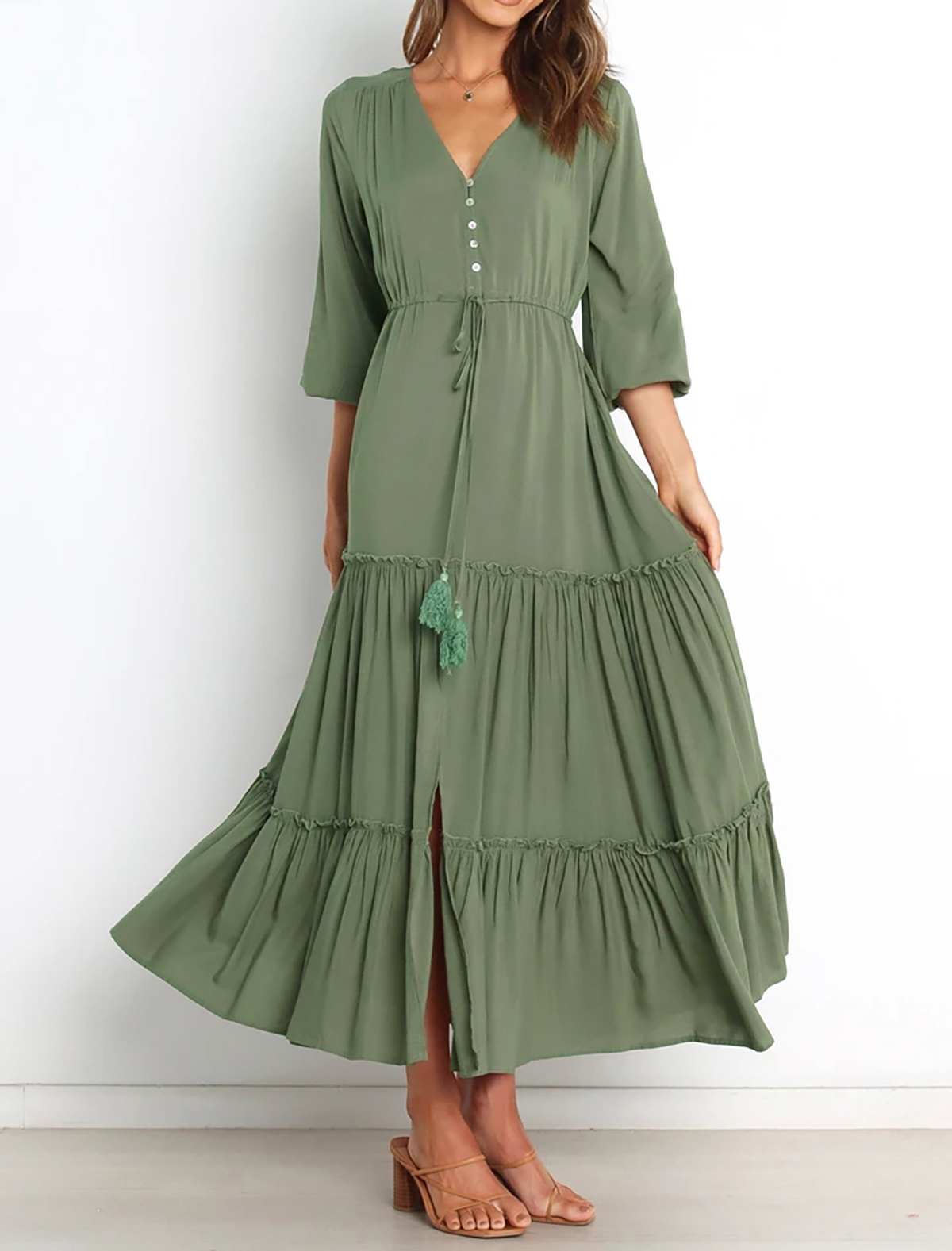 R.Vivimos Maxi Dress for Women Long Sleeve V Neck Drawstring Button Up Casual Split Flowy Dress3