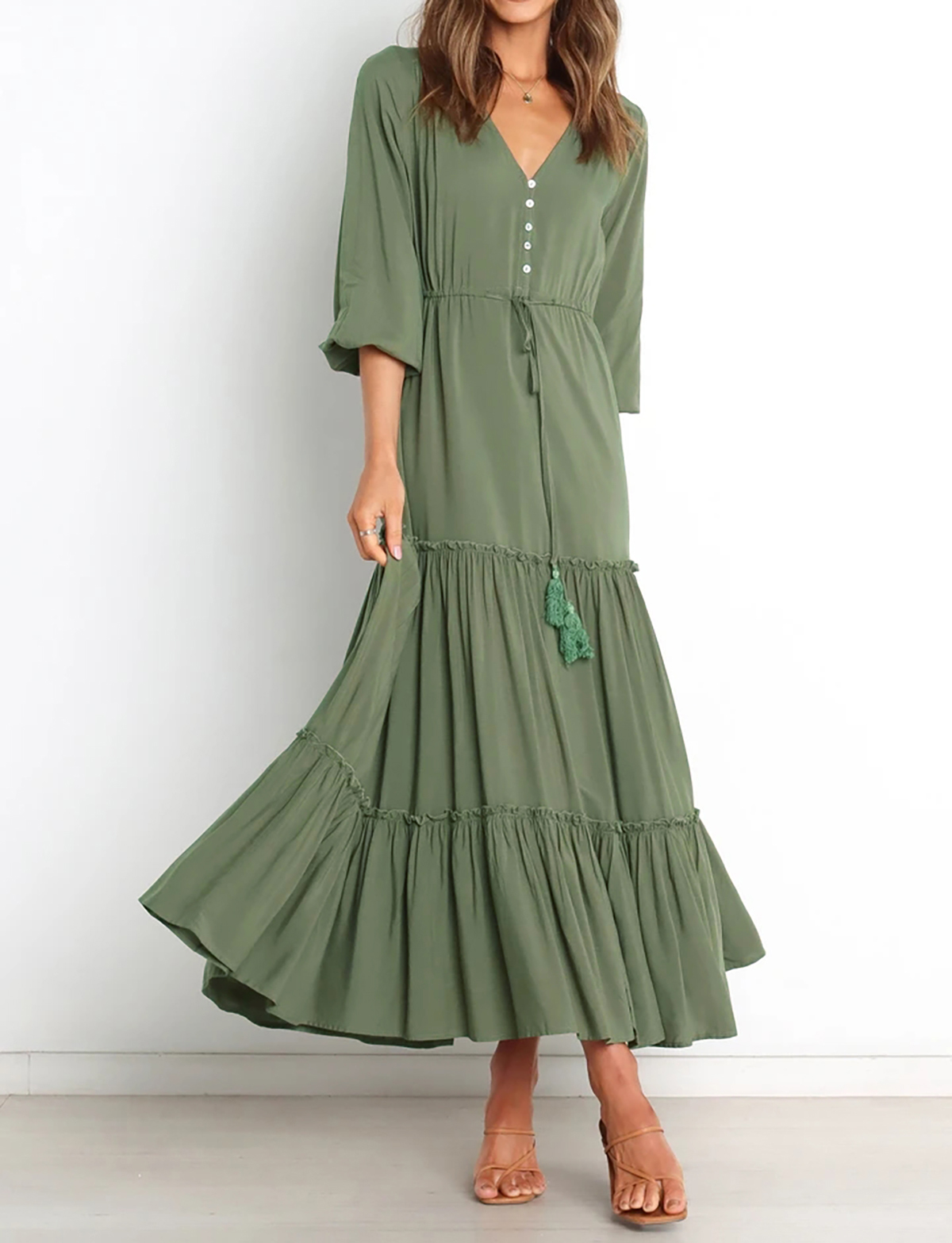 R.Vivimos Maxi Dress for Women Long Sleeve V Neck Drawstring Button Up Casual Split Flowy Dress4