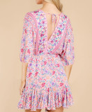 R.Vivimos Womens Summer Floral Dress 3/4 Sleeve Deep V Neck Boho Drawstring Backless Swing Mini Dress