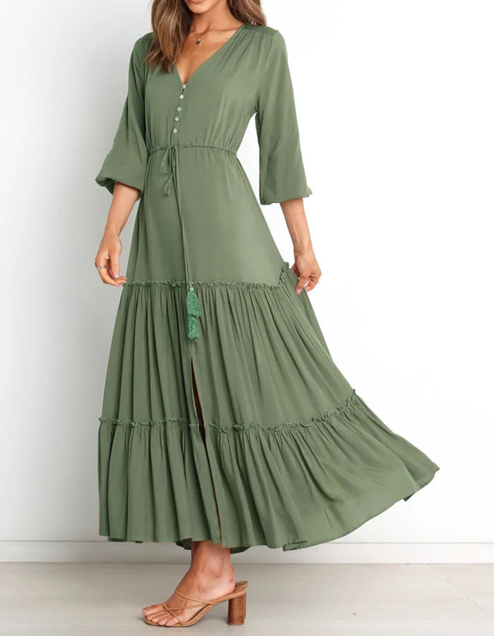 R.Vivimos Maxi Dress for Women Long Sleeve V Neck Drawstring Button Up Casual Split Flowy Dress