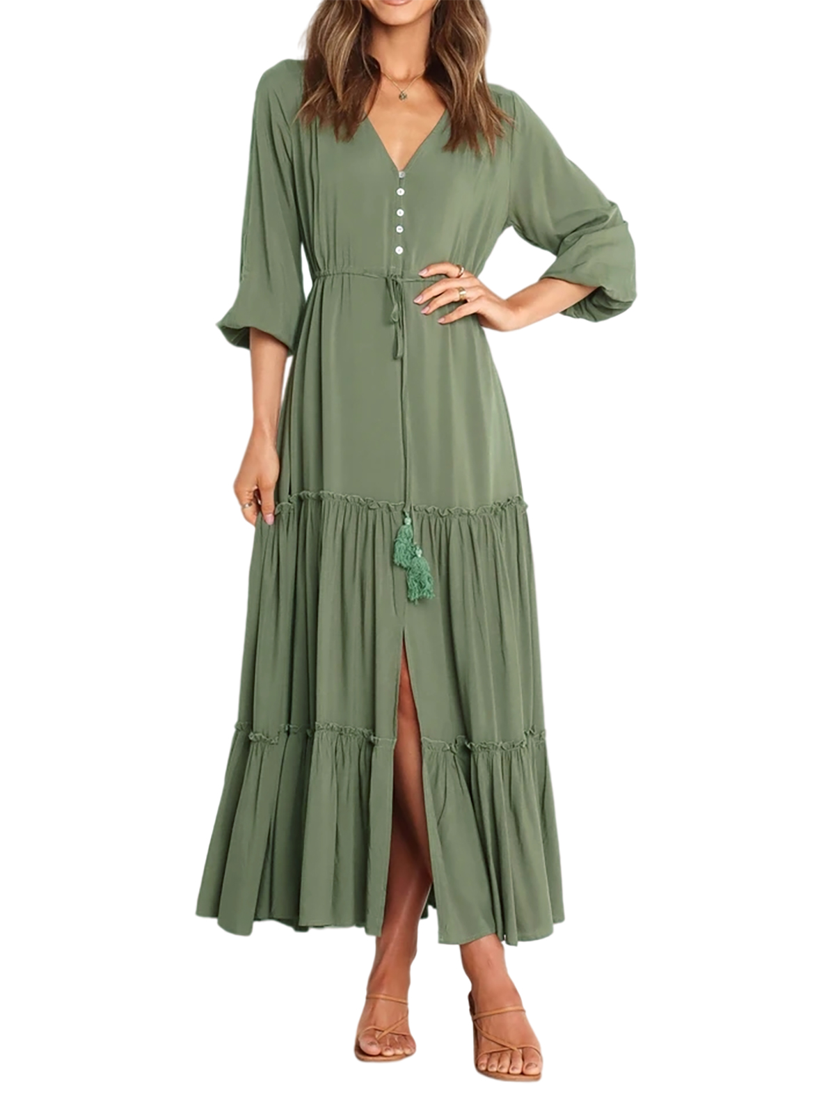 R.Vivimos Maxi Dress for Women Long Sleeve V Neck Drawstring Button Up Casual Split Flowy Dress
