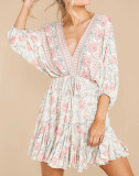 R.Vivimos Womens Summer Floral Dress 3/4 Sleeve Deep V Neck Boho Drawstring Backless Swing Mini Dress