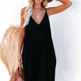 R.Vivimos Women's Summer Casual Adjustable Spaghetti Strap V Neck Boho Loose Fit Backless Maxi Dress with Pockets