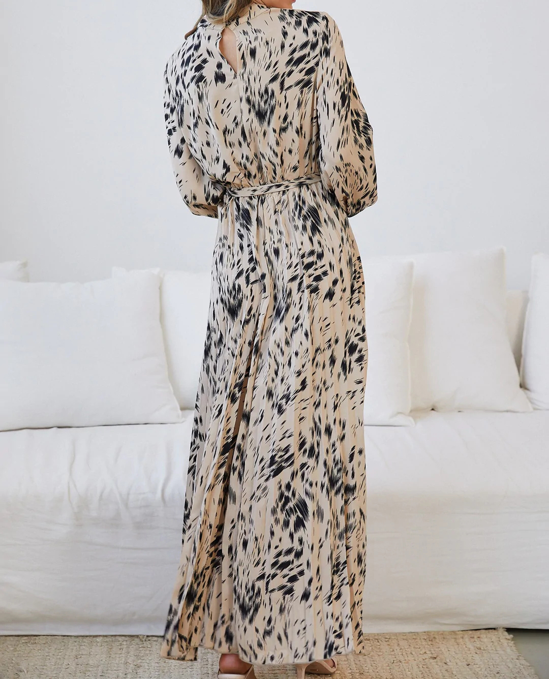 R.Vivimos Fall Dresses for Women Long Sleeve Pleated Casual Mock Neck Elegant Print Maxi Dress with Belt2