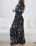 R.Vivimos Fall Dresses for Women Long Sleeve Pleated Casual Mock Neck Elegant Print Maxi Dress with Belt