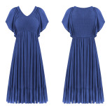R.Vivimos Womens Summer Smocked Short Sleeve V Neck Casual Ruffle Patchwork Flowy Midi Dress