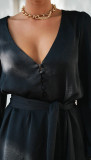 R.Vivimos Shirt Dresses for Women Balloon Long Sleeve Deep V Neck Casual Button Up Irregular Hem Mini Dress with Belt