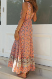 R.Vivimos Women's Summer Cotton Deep V-Neck Sleeveless Floral Print Ruffled Boho Midi Dress