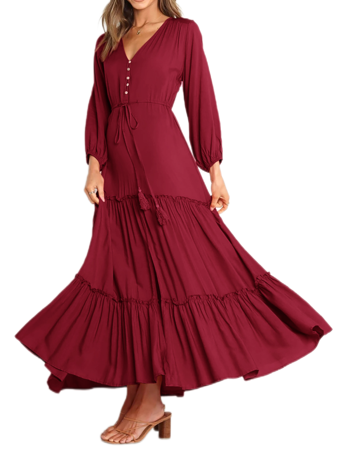 R.Vivimos Maxi Dress for Women Long Sleeve V Neck Drawstring Button Up Casual Split Flowy Dress