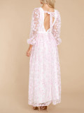 R.Vivimos Women Maxi Dress Tulle Long Sleeve V Neck Floral Embroidery Backless Casual Flowy A-Line Dress