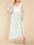 R.Vivimos Women Maxi Dress Tulle Long Sleeve V Neck Floral Embroidery Backless Casual Flowy A-Line Dress