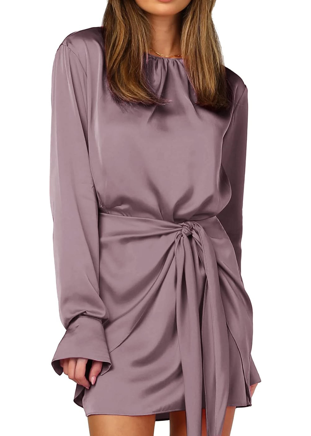 R.Vivimos Women's Satin Dress Long Sleeve Casual Wrap Ruched Tie Waist  Party Mini Dress
