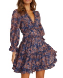R.Vivimos Womens Summer Fall Long Sleeve Floral Dress Boho Deep V Neck Ruffle Open Back A-Line Swing Mini Dress