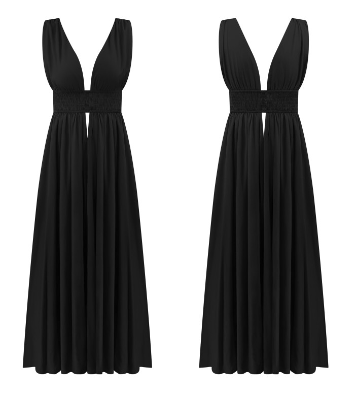R.Vivimos Boho Dress for Women Sexy Deep V Neck Sleeveless Hollow Out Backless Casual Side Slit Maxi Dress