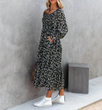 R.Vivimos Womens Square Neck Long Sleeve Midi Dress Casual Floral Backless A-Line Flowy Pockets Long Dresses with Belt