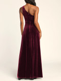 R.Vivimos Womens Velvet Maxi Dress One Shoulder Sleeveless Side Slit Elegant Party Flowy Long Dresses